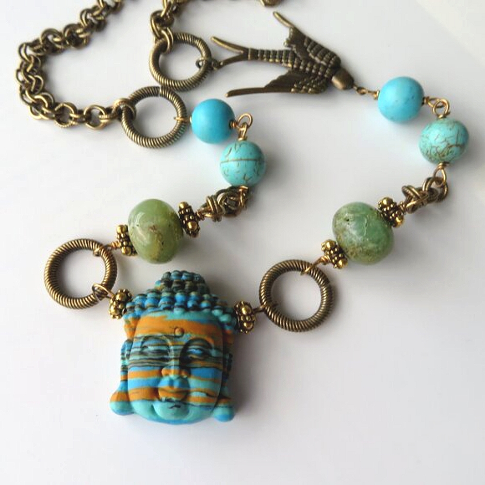 Artisan Made Gemstone Buddha Head and Bird Necklace